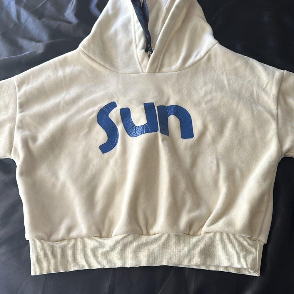 fuzzy light yellow soft cropped hoodie SUN design lettering